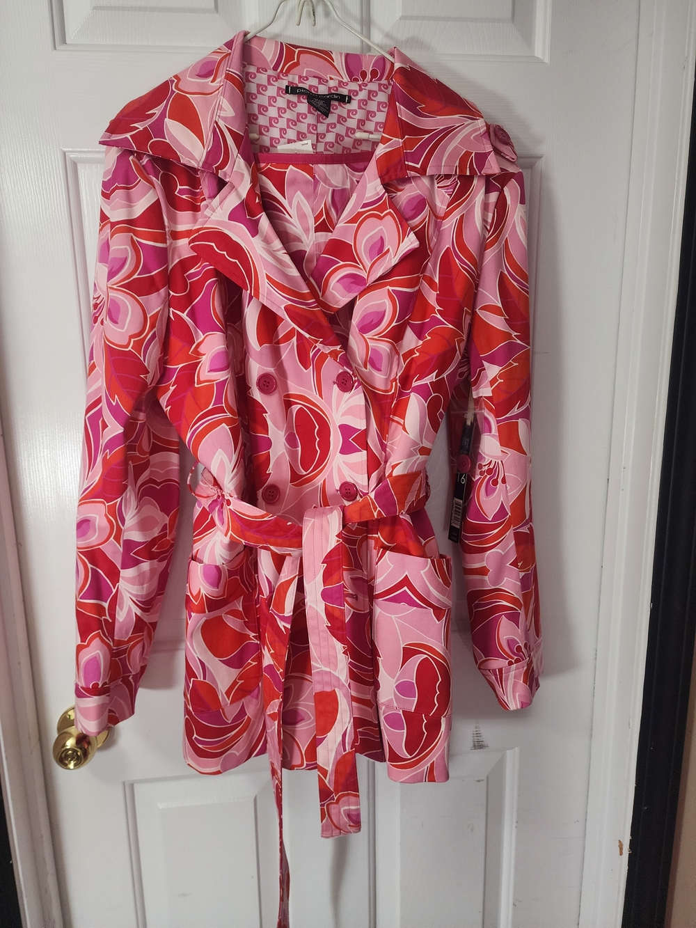 NWT Pierre Cardin Pink and Red Retro Floral Short Trench Jacket (16) & Skirt(12)
